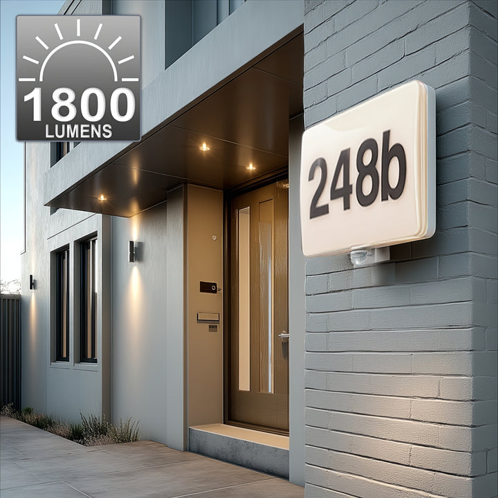 Maclean MCE466 W LED Luz de número de porta, sensor de crepúsculo e movimento, regulável, 20 W, IP65, cor neutra (4000 K), 1600 lm