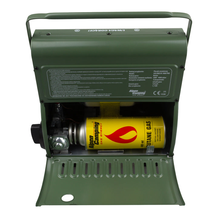 Aquecedor de campismo Alpen com consumo de gás de 124 g/h, ignição piezo, IK-1000 PRO, ISLÂNDIA + 4 cartuchos