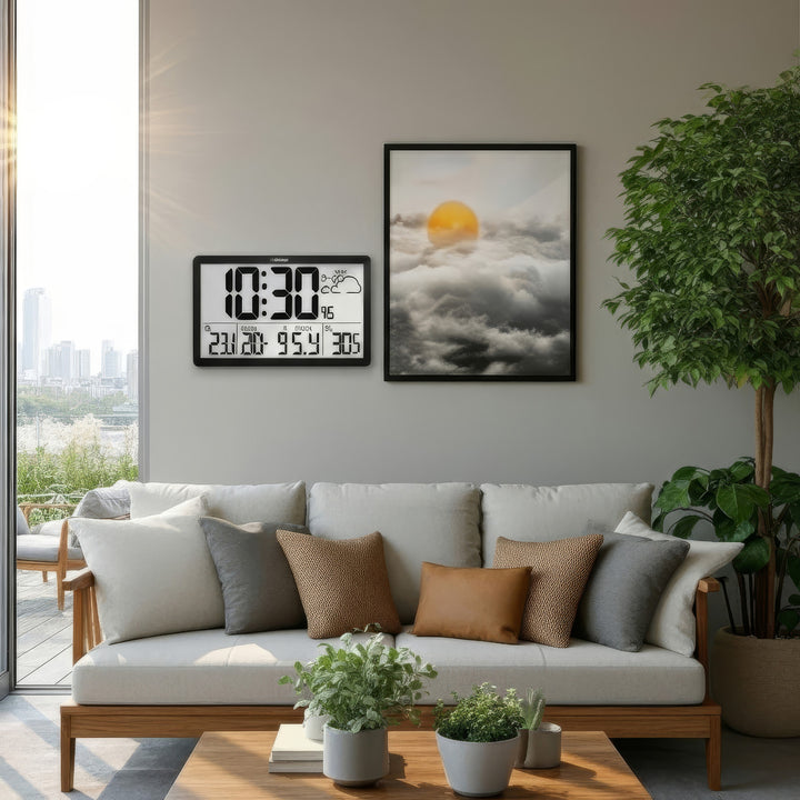 GreenBlue GB218 Estación Meteorológica Reloj de Pared Digital con Sensor de Exterior, Reloj DCF con Pantalla LCD, Alarma con Función Snooze, Temperatura Interior y Exterior, Previsión Meteorológica, 37x22,5cm,