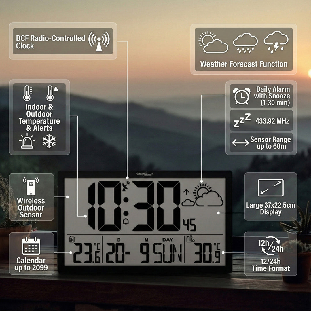 GreenBlue GB218 Estación Meteorológica Reloj de Pared Digital con Sensor de Exterior, Reloj DCF con Pantalla LCD, Alarma con Función Snooze, Temperatura Interior y Exterior, Previsión Meteorológica, 37x22,5cm,