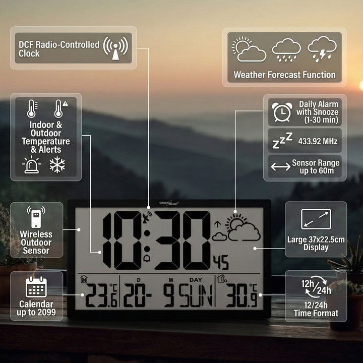 GreenBlue GB218 Estación Meteorológica Reloj de Pared Digital con Sensor de Exterior, Reloj DCF con Pantalla LCD, Alarma con Función Snooze, Temperatura Interior y Exterior, Previsión Meteorológica, 37x22,5cm,