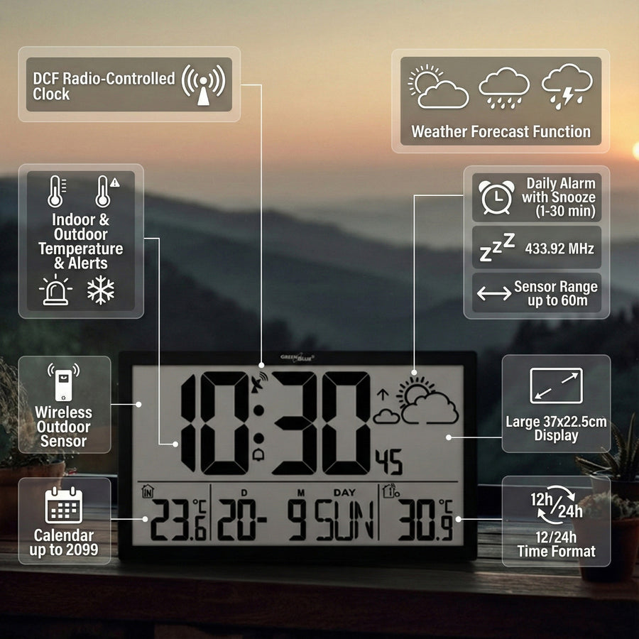 GreenBlue GB218 Estación Meteorológica Reloj de Pared Digital con Sensor de Exterior, Reloj DCF con Pantalla LCD, Alarma con Función Snooze, Temperatura Interior y Exterior, Previsión Meteorológica, 37x22,5cm,