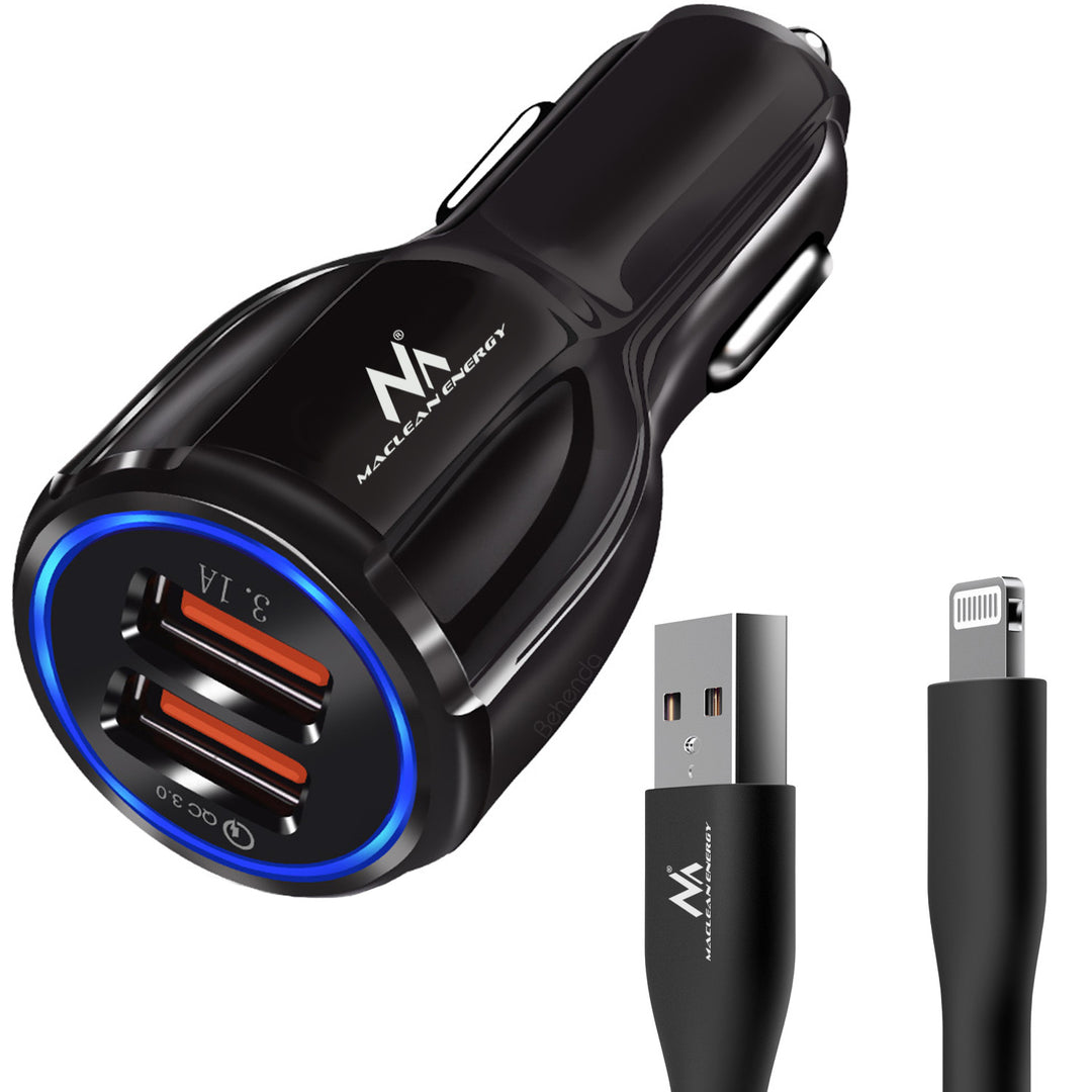 Maclean Cargador de coche, Qualcomm Quick Charge, QC 3.0 - toma 5V/3A, 9V/1.8A, 12V/1.6A, 5V/3.1A con cable USB Lightning