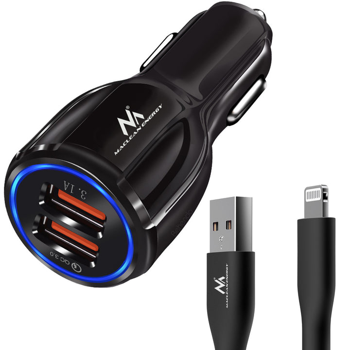 Maclean Cargador de coche, Qualcomm Quick Charge, QC 3.0 - toma 5V/3A, 9V/1.8A, 12V/1.6A, 5V/3.1A con cable USB Lightning