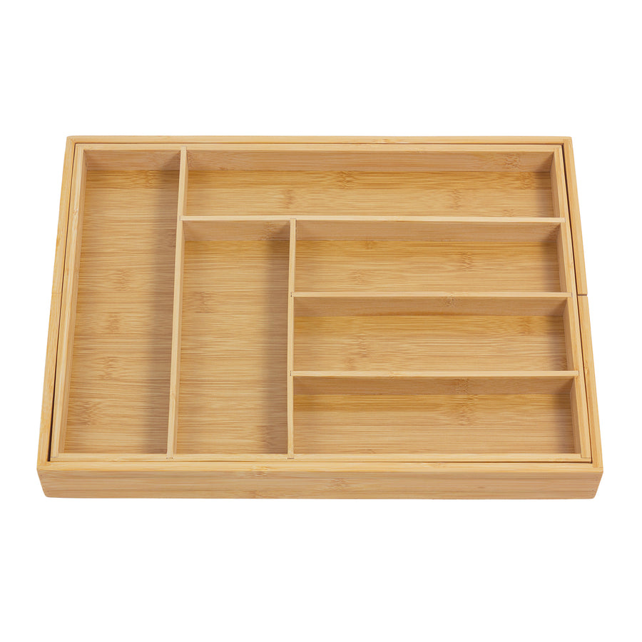 GreenBlue GB379 Organizador de talheres em bambu, tabuleiro extensível, 7 compartimentos básicos e 2 compartimentos amovíveis para utensílios de cozinha, organização de gavetas para talheres, dimensões: 32,5-50 x 43 x 4,5 cm