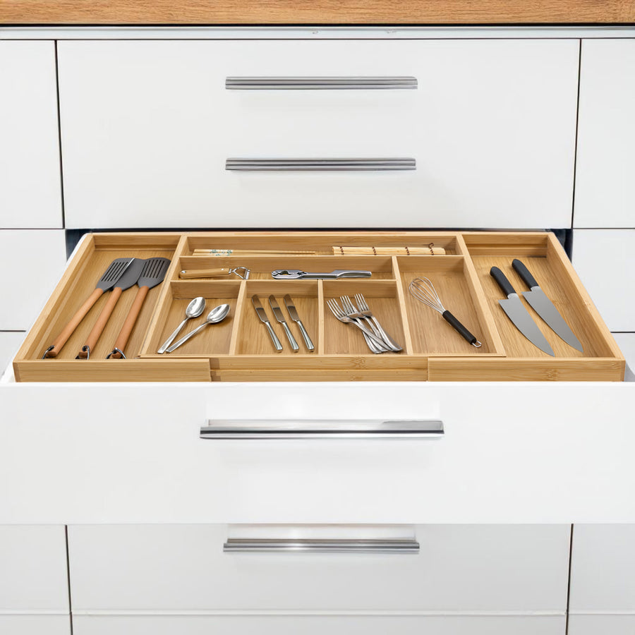 GreenBlue GB379 Organizador de talheres em bambu, tabuleiro extensível, 7 compartimentos básicos e 2 compartimentos amovíveis para utensílios de cozinha, organização de gavetas para talheres, dimensões: 32,5-50 x 43 x 4,5 cm
