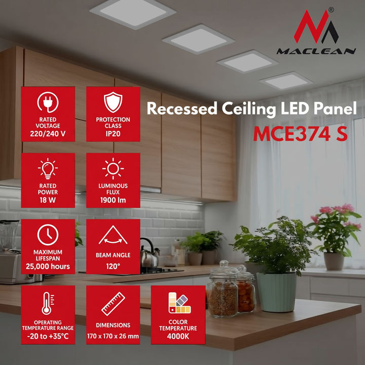 Painel de teto LED Maclean MCE374 S, montagem embutida fina, 18 W, branco neutro 4000 K, 170 x 170 x 26 mm, 1900 lm