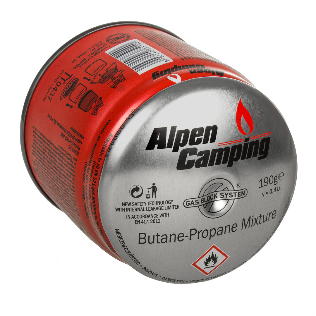 24 cartuchos de gás Alpen Camping de 400 ml. Certificado: PI 0437, em conformidade com a norma EN417, propano-butano, temperatura de funcionamento de -10 °C a +40 °C, sistema GAS STOP IK006.