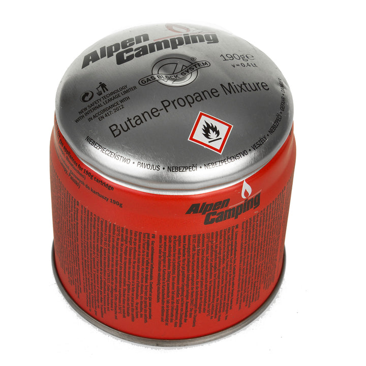 24 cartuchos de gás Alpen Camping de 400 ml. Certificado: PI 0437, em conformidade com a norma EN417, propano-butano, temperatura de funcionamento de -10 °C a +40 °C, sistema GAS STOP IK006.