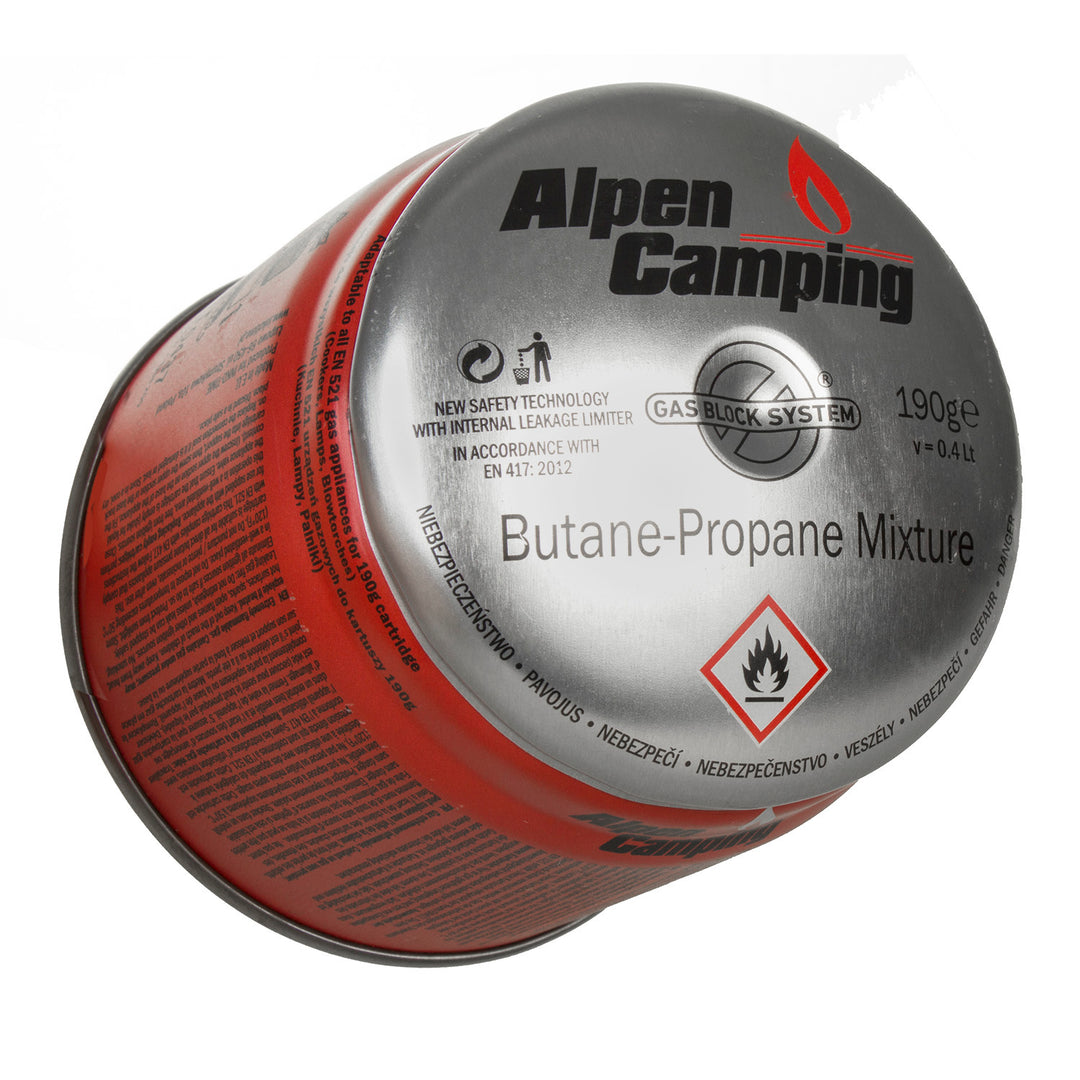 24 cartuchos de gás Alpen Camping de 400 ml. Certificado: PI 0437, em conformidade com a norma EN417, propano-butano, temperatura de funcionamento de -10 °C a +40 °C, sistema GAS STOP IK006.
