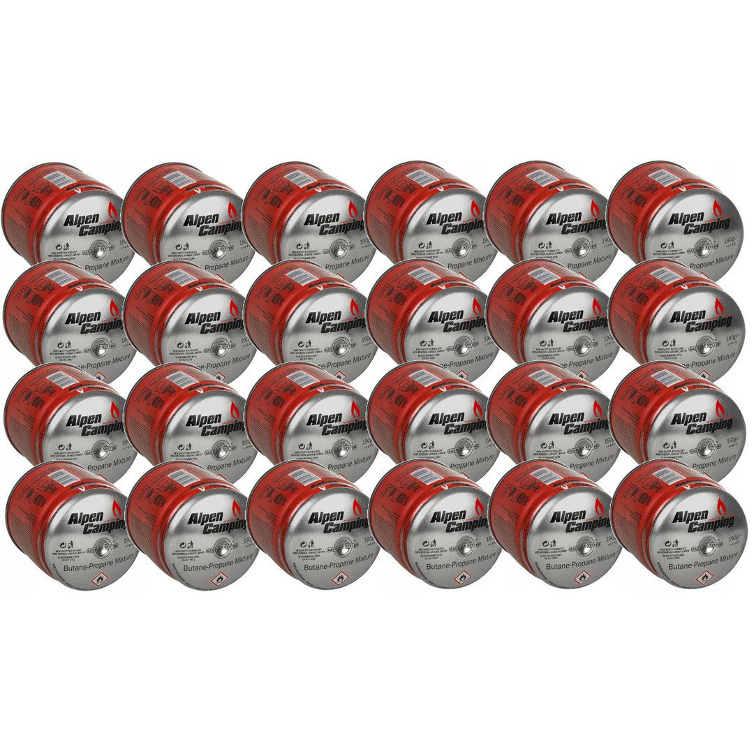 24 cartuchos de gás Alpen Camping de 400 ml. Certificado: PI 0437, em conformidade com a norma EN417, propano-butano, temperatura de funcionamento de -10 °C a +40 °C, sistema GAS STOP IK006.