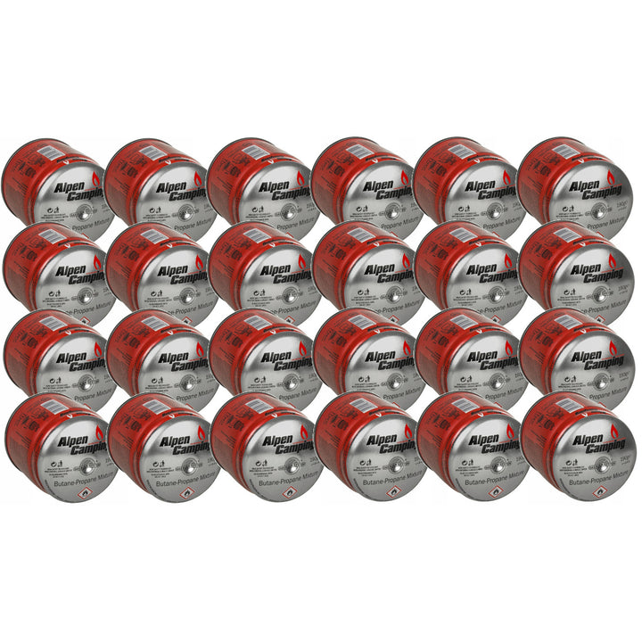 24 cartuchos de gás Alpen Camping de 400 ml. Certificado: PI 0437, em conformidade com a norma EN417, propano-butano, temperatura de funcionamento de -10 °C a +40 °C, sistema GAS STOP IK006.