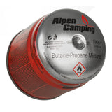 12x cartucho de gas Alpen Camping 400ml. certificado: Pi 0437, cumple con EN417, propano-butano, rango -10°c a + 40°c, sistema GAS STOP IK006