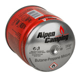 48 cartuchos de gás Alpen Camping de 400 ml. Certificado: PI 0437, em conformidade com a norma EN417, propano-butano, temperatura de funcionamento de -10 °C a +40 °C, sistema GAS STOP IK006.