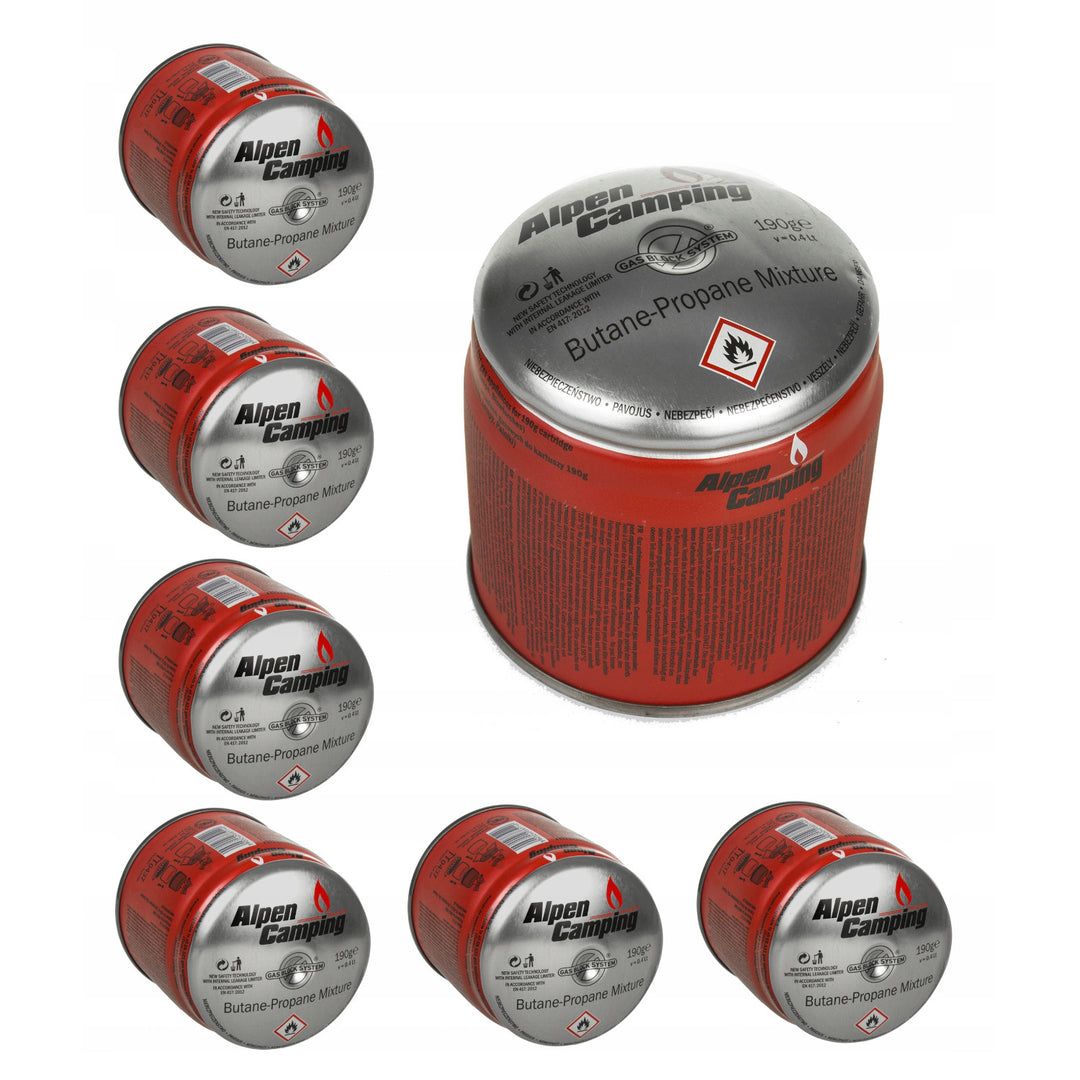 48x cartucho de gas Alpen Camping 400ml. certificado: Pi 0437, cumple con EN417, propano-butano, rango -10°c a + 40°c, sistema GAS STOP IK006