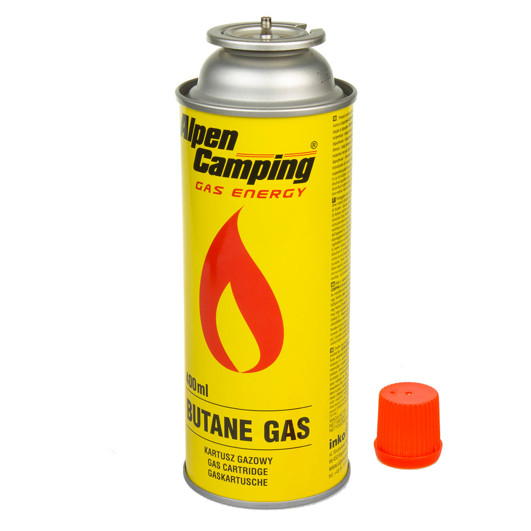 14 cartuchos de gás Alpen Camping de 400 ml. Certificado: PI 0875, em conformidade com a norma EN417, isobutano, intervalo de funcionamento de -10°C a +40°C, IK004