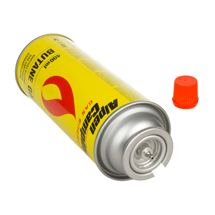 14 cartuchos de gás Alpen Camping de 400 ml. Certificado: PI 0875, em conformidade com a norma EN417, isobutano, intervalo de funcionamento de -10°C a +40°C, IK004