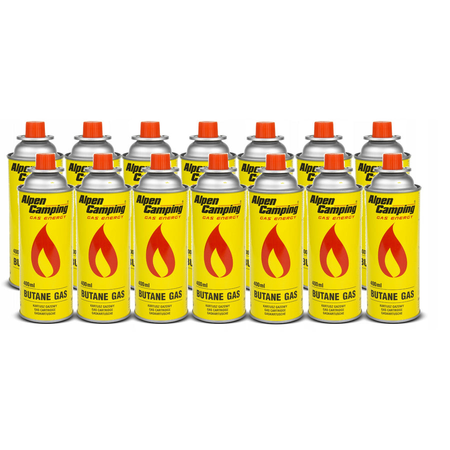 14 cartuchos de gás Alpen Camping de 400 ml. Certificado: PI 0875, em conformidade com a norma EN417, isobutano, intervalo de funcionamento de -10°C a +40°C, IK004