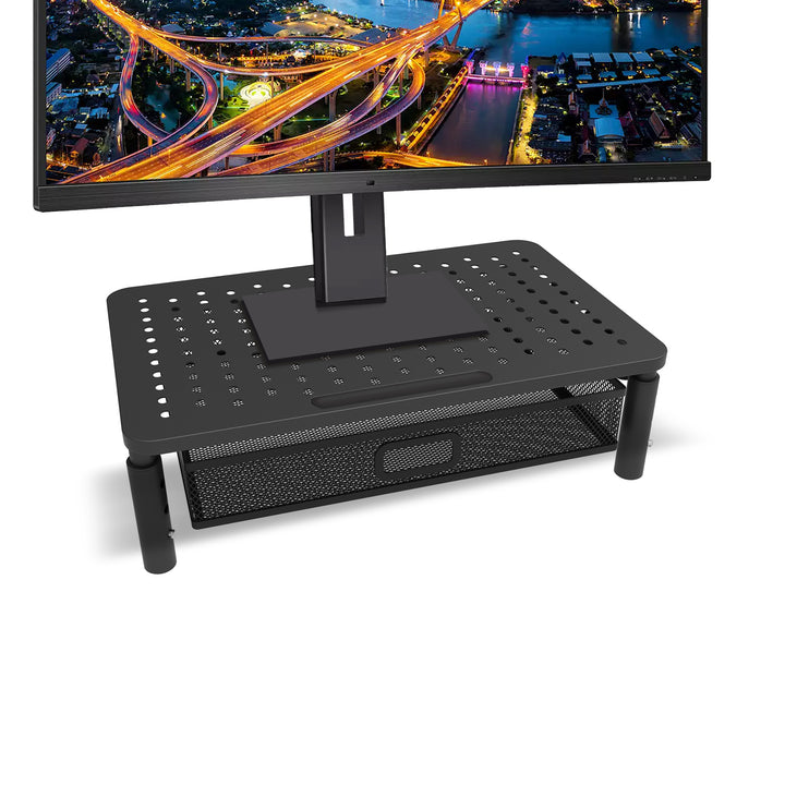 Suporte ergonómico para monitor/portátil Maclean MC-947 com gaveta, ecrã de 13 a 32 polegadas, altura ajustável, superfície perfurada