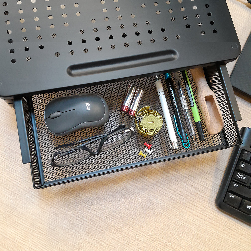 Suporte ergonómico para monitor/portátil Maclean MC-947 com gaveta, ecrã de 13 a 32 polegadas, altura ajustável, superfície perfurada