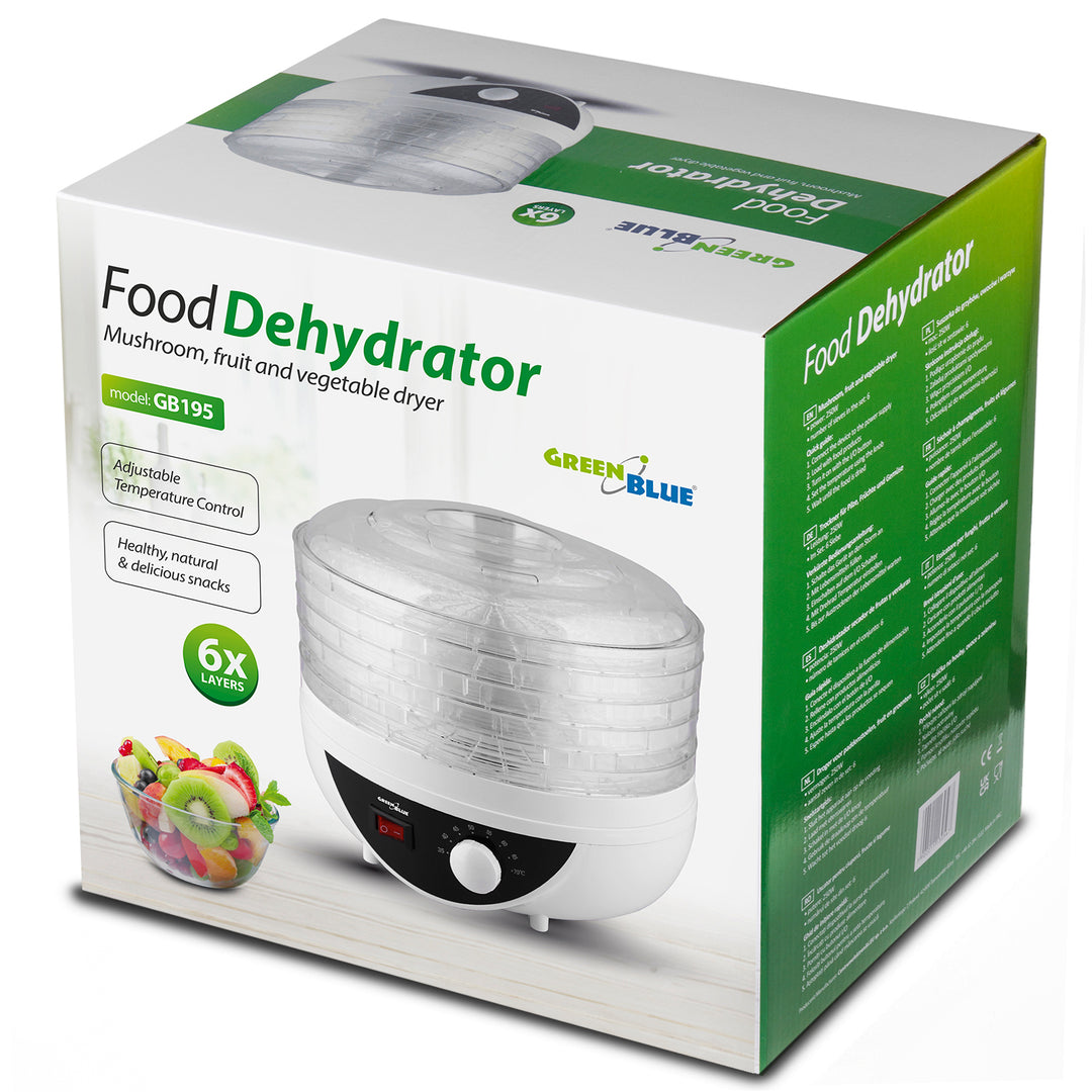 Secador de setas, verduras y frutas GreenBlue, 250 W de potencia - muy silencioso, enchufe GB195 del Reino Unido