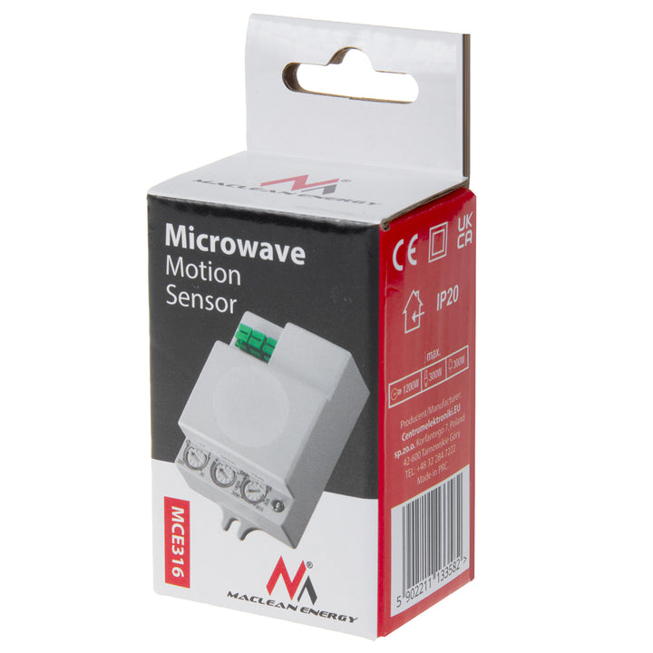 Detetor de movimento de micro-ondas Maclean MCE316, alcance de 8 m, carga máxima de 1200 W, IP20, 5,8 GHz