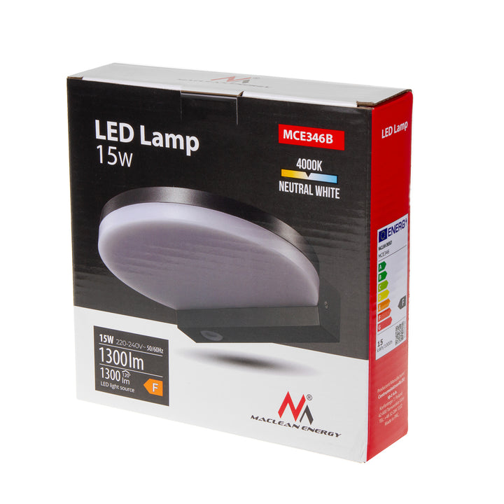 Lâmpada LED Maclean MCE346 B, preta, 15 W, IP65, 1300 lm, branco neutro (4000 K)
