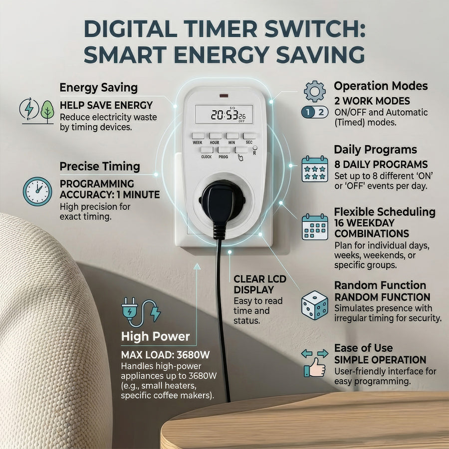 Interruptor de Temporizador Digital GreenBlue GB362 E, 2 Modos de Funcionamento, 8 Programas e 16 Combinações, Carga Máxima 16 A, 3680 W, IP20