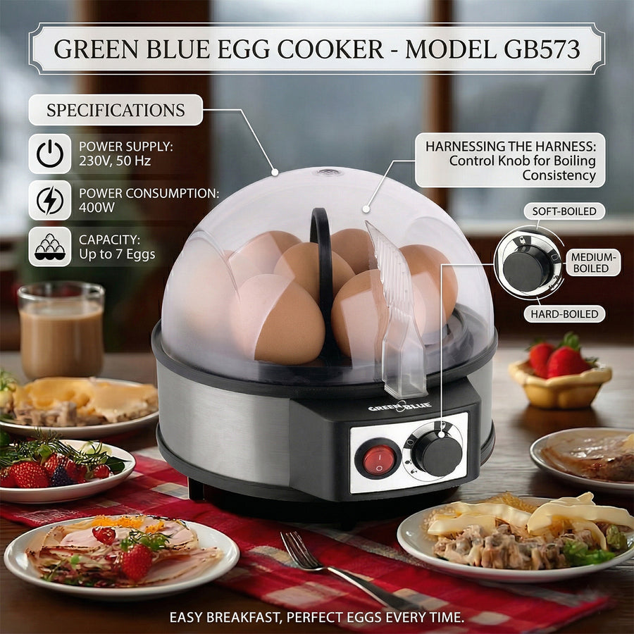 GreenBlue GB573 Cozedor de Ovos Automático, Potência de 400 W, Até 7 Ovos, Copo Medidor, 220-240 V~, 50 Hz