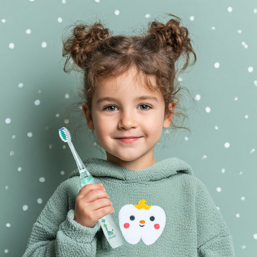 Escova de dentes sónica infantil SEAGO, verde, 1xAA 1,5 V (não incluída), 3 pontas de substituição, SG-977 verde