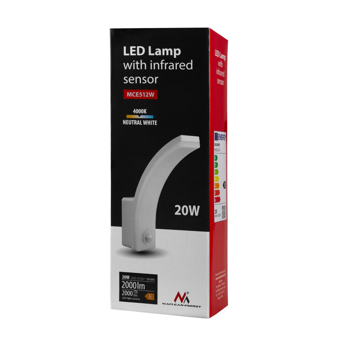 Candeeiro de parede LED Maclean MCE512 W com sensor de movimento e anoitecer, iluminação de parede interior e exterior, lâmpada de 20 W, à prova de água IP65, 2000 lm, branco neutro 4000 K