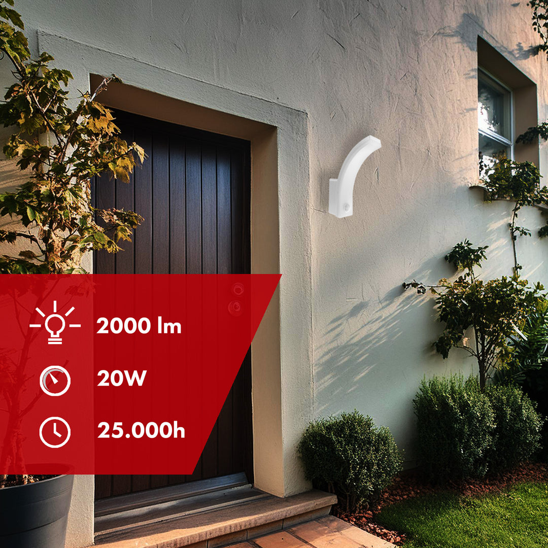 Candeeiro de parede LED Maclean MCE512 W com sensor de movimento e anoitecer, iluminação de parede interior e exterior, lâmpada de 20 W, à prova de água IP65, 2000 lm, branco neutro 4000 K