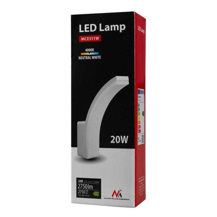 Luminária de parede LED Maclean MCE511 W, iluminação de parede interior e exterior, luminária de parede, 20 W, IP65 à prova de água, 2750 lm, branco neutro 4000 K, alcance de deteção: máx. 10 m