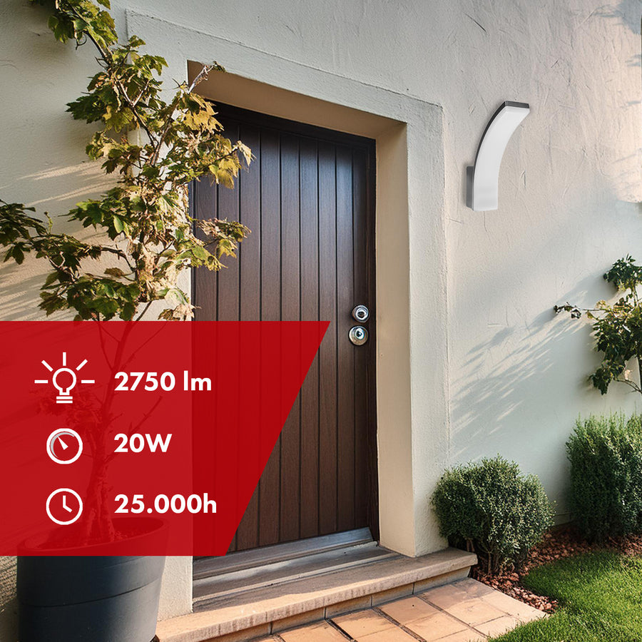 Luminária de parede LED Maclean MCE511 GR, iluminação de parede interior e exterior, luminária de parede, 20 W, IP65 à prova de água, 2750 lm, branco neutro 4000 K, alcance de deteção: máx. 10 m