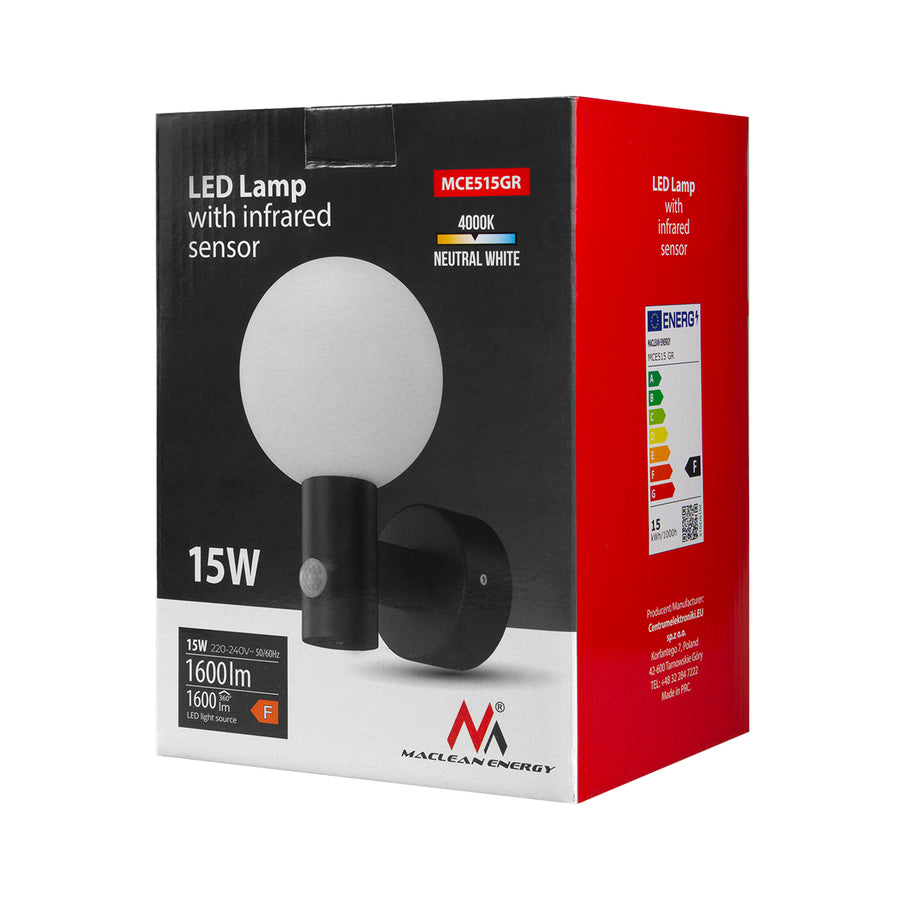 Lâmpada LED Maclean MCE515 GR com detetor de movimento PIR, 15 W, IP65, 1600 lm, 4000 K (cinza)