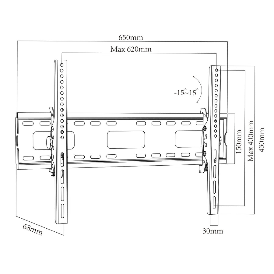 Suporte de parede para TV Maclean MC-421, suporte de parede para TV com ecrãs de 32 a 90 polegadas, VESA máx. 600x400, carga máxima de 80 kg, regulação da inclinação de +15° a -15°