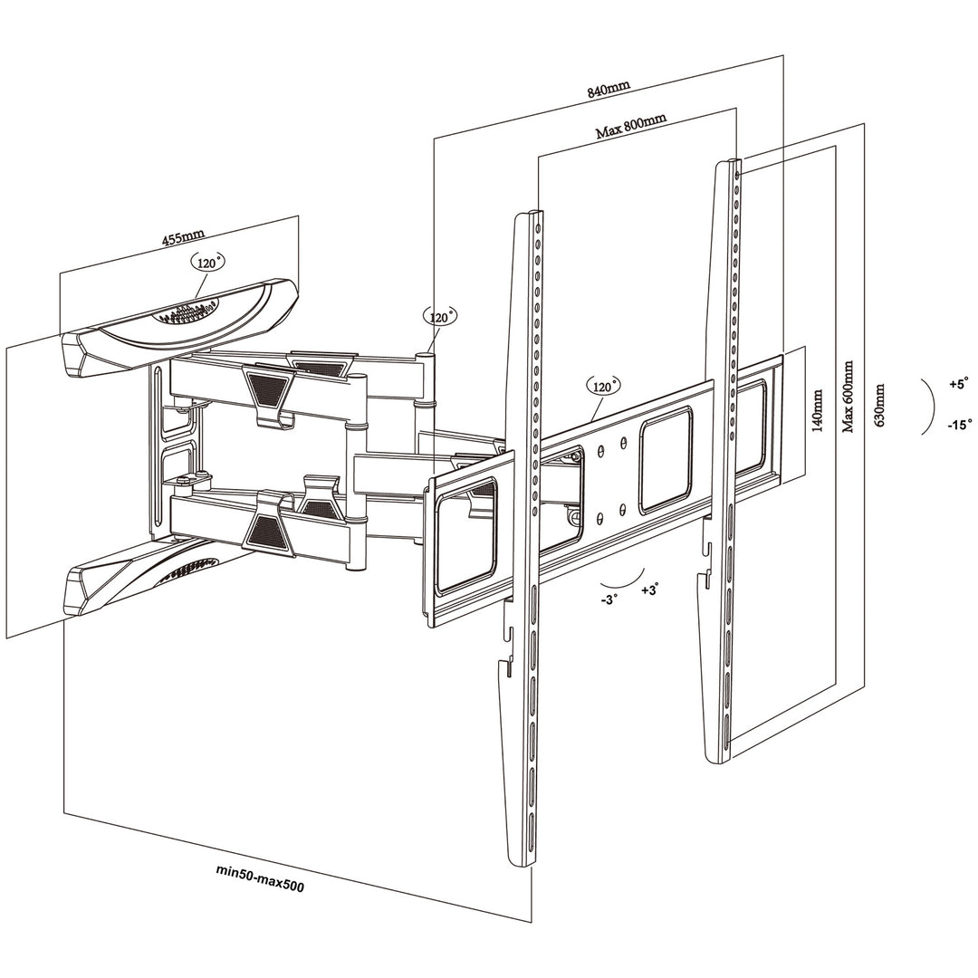 Suporte de parede para TV Maclean MC-423, suporte de parede para TV para ecrãs de 43 a 100 polegadas, VESA máx. 800x600, carga máxima de 80 kg, regulação horizontal e vertical do ângulo, perfil de 50 a 500 mm