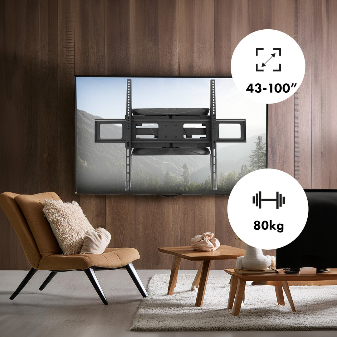 Suporte de parede para TV Maclean MC-423, suporte de parede para TV para ecrãs de 43 a 100 polegadas, VESA máx. 800x600, carga máxima de 80 kg, regulação horizontal e vertical do ângulo, perfil de 50 a 500 mm