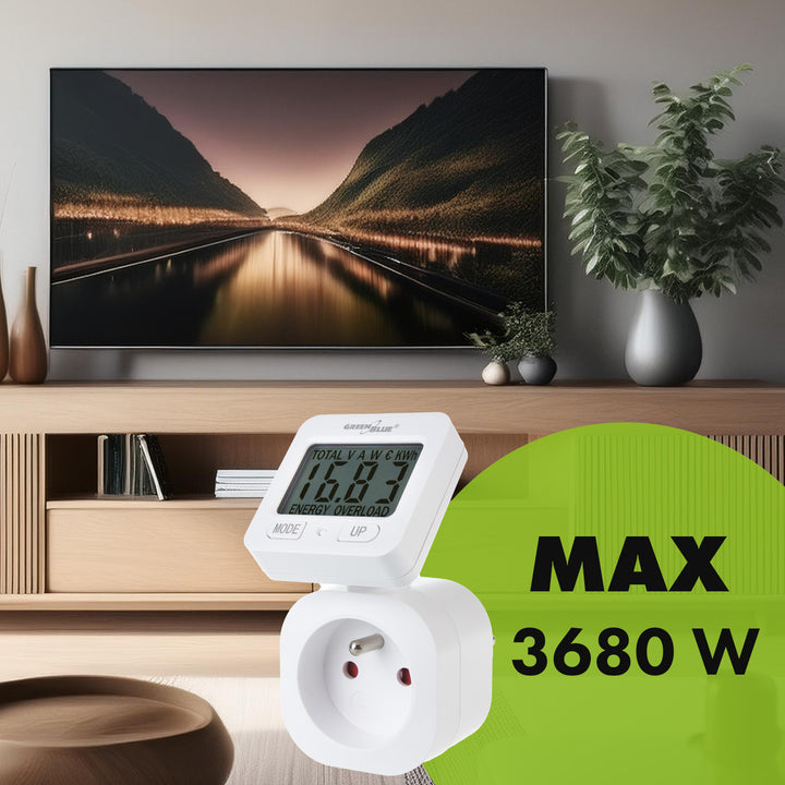 GreenBlue GB615 E Medidor de Consumo de Energia, Wattímetro, 16A, Carga Máxima 3680W, Submemória