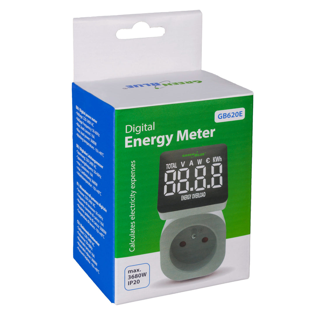 GreenBlue GB620 E Medidor de Consumo de Energia, Wattímetro, 16A, Carga Máxima 3680W, Submemória