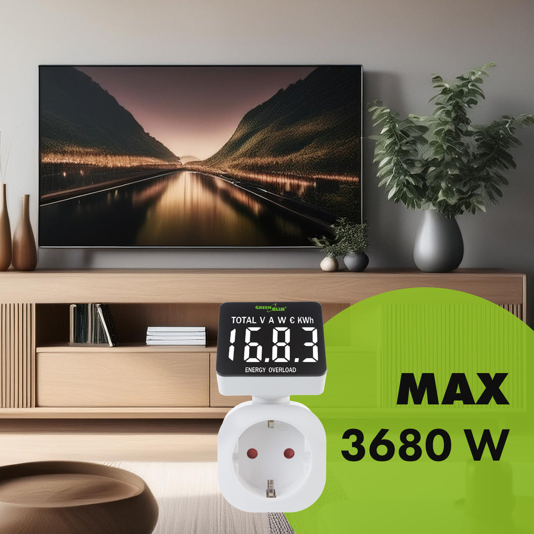 GreenBlue GB620 E Medidor de Consumo de Energia, Wattímetro, 16A, Carga Máxima 3680W, Submemória