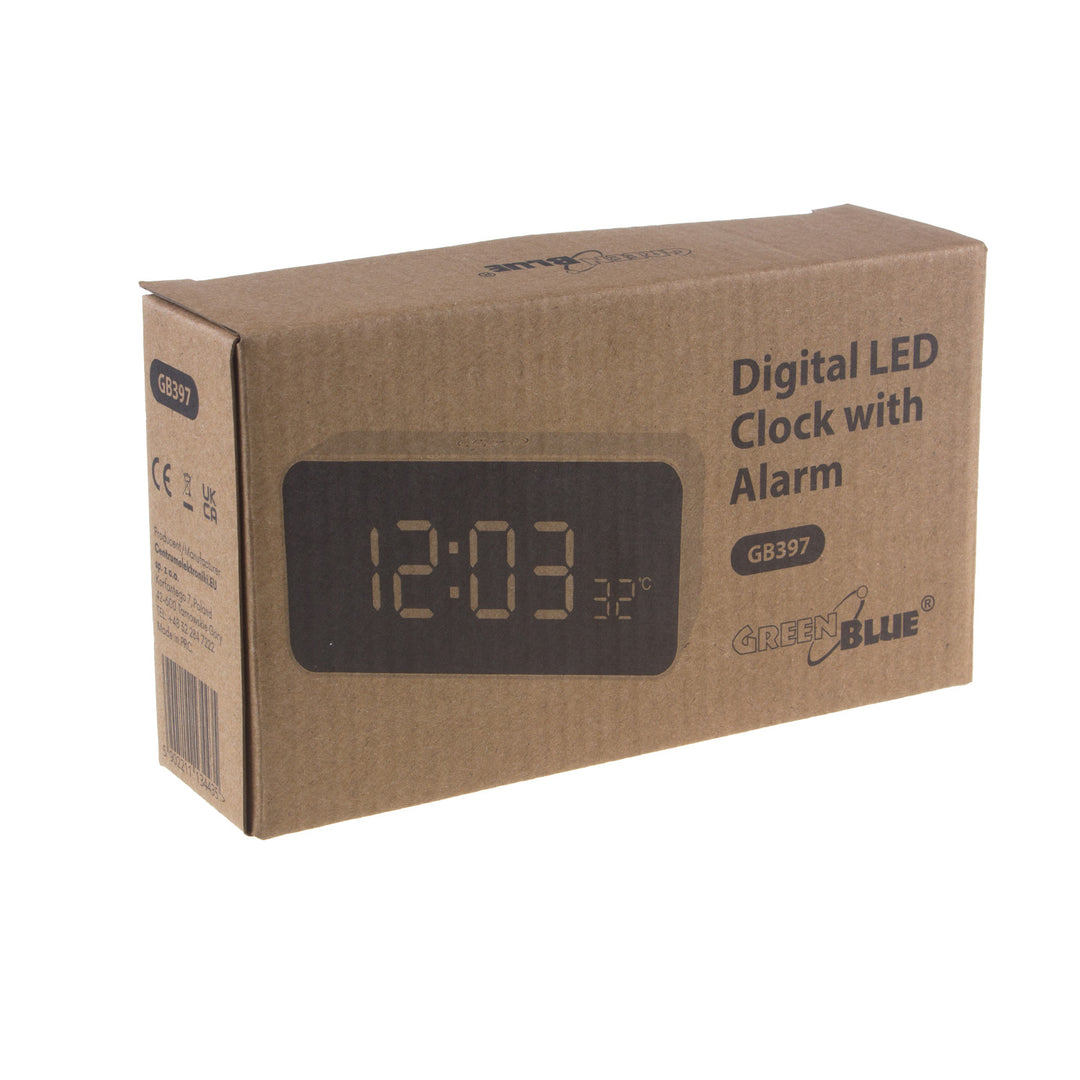 Despertador digital com termómetro, verde e azul GB397, 2 alarmes/função de snooze, função de contagem decrescente, relógio digital com visor de temperatura, alimentação USB através de porta USB, branco