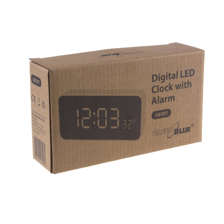 Despertador digital com termómetro, verde e azul GB397, 2 alarmes/função de snooze, função de contagem decrescente, relógio digital com visor de temperatura, alimentação USB através de porta USB, branco