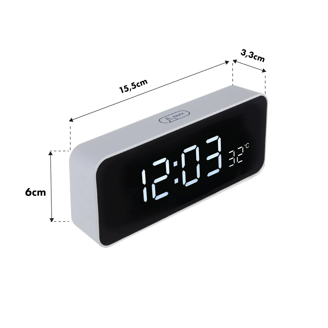 Despertador digital com termómetro, verde e azul GB397, 2 alarmes/função de snooze, função de contagem decrescente, relógio digital com visor de temperatura, alimentação USB através de porta USB, branco