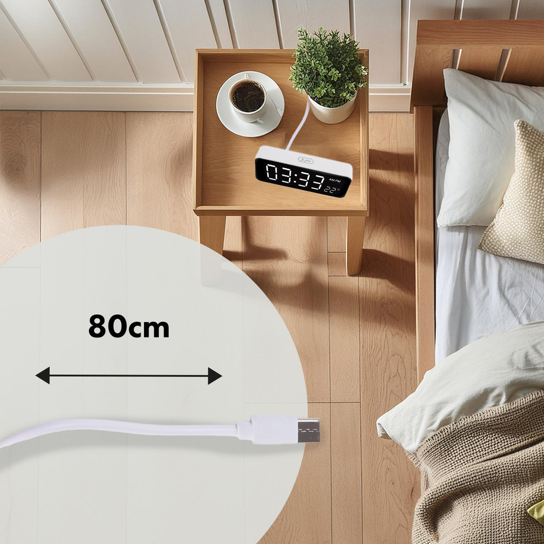 Despertador digital com termómetro, verde e azul GB397, 2 alarmes/função de snooze, função de contagem decrescente, relógio digital com visor de temperatura, alimentação USB através de porta USB, branco