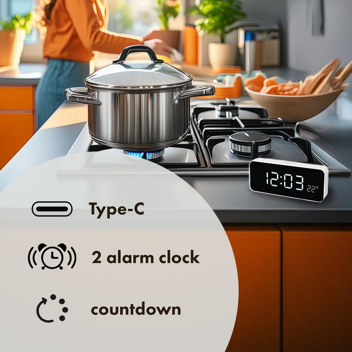 Despertador digital com termómetro, verde e azul GB397, 2 alarmes/função de snooze, função de contagem decrescente, relógio digital com visor de temperatura, alimentação USB através de porta USB, branco