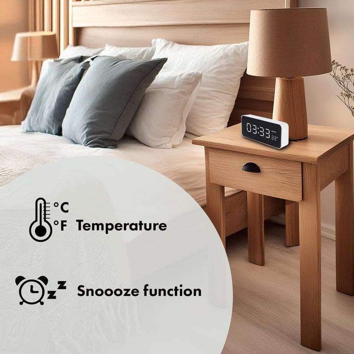 Despertador digital com termómetro, verde e azul GB397, 2 alarmes/função de snooze, função de contagem decrescente, relógio digital com visor de temperatura, alimentação USB através de porta USB, branco