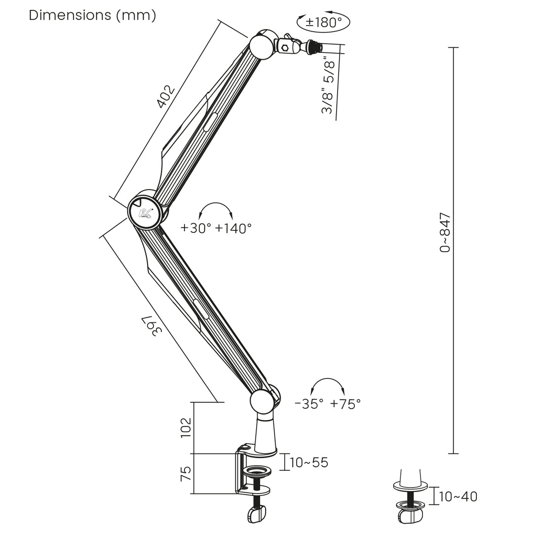 NanoRS RS422 Soporte de Micrófono con Rosca de 3/8" y 5/8" para Mesa, Carga Máxima de 1 kg | Altura Regulable hasta 84,7 cm | Giratorio 360° | Con Gestión de Cables | Ideal para Estudio y Streaming