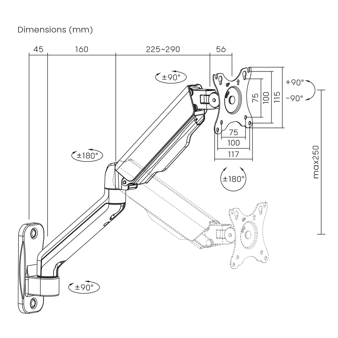 Suporte de parede universal para monitor Maclean MC-332 com dois braços | Ecrãs planos e curvos de 17 a 32 pol. | VESA 75x75 e 100x100 | Giratório, inclinável | Carga máxima de 9 kg