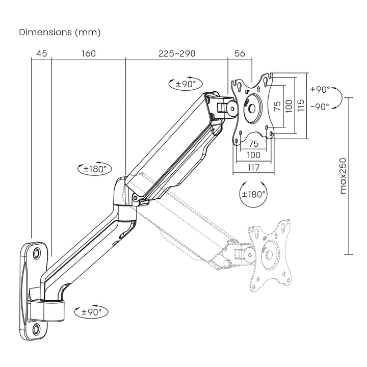 Suporte de parede universal para monitor Maclean MC-332 com dois braços | Ecrãs planos e curvos de 17 a 32 pol. | VESA 75x75 e 100x100 | Giratório, inclinável | Carga máxima de 9 kg